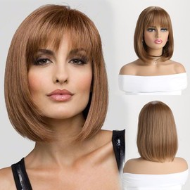 AUBWIG Brown Bob Wig with Fringe 12 Inch Short Straight Brown Wigs for Women Medium Length Hair Synthetic Wavy Wigs for Daily Party (Brown)