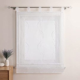 CORLIF Roman Blind Country House Roman Curtain Kitchen Modern Tab-Top Roller Blind Linen Look with Wave Pattern Transparent Roller Blinds Short Window Scarf with Loops W/H 120/140 cm White