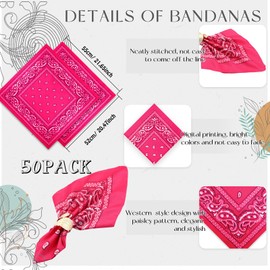 50 Pcs Bandanas Paisley Cowboy Polyester Bandanas Bulk Multi Purpose Headband for Men Women Party Costume (Hot Pink)