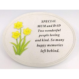 David Fischhoff Mum & Dad Double Heart Flower Graveside Memorial Ornament Verse Plaque, Waterproof and Weather Resistant for Indoor & Outdoor Use, 18 x 15 cm