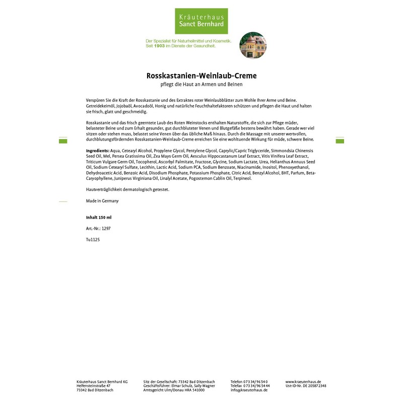 rosskastanien-weinlaub-creme with getreidekeim, Jojoba Oil and Avocado Oil 150 ml