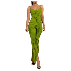 Floerns Women's Ruffle Ruched Cami Dress Draped Split Elegant Bodycon Maxi Dresses Green Large