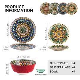 Henten Home Ceramic 12 Pieces Dinnerware Sets, Bohemia Dinner Plates, Soup Bowls, Porcelain Dinnerware Set for 4, Microwave & Dishwasher Safe, Scratch Resistant