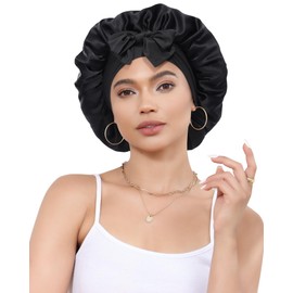 Silk Bonnet for Sleeping 100% Mulberry Women Double Layer Sleep Cap with Adjustable Elastic Band Silk Hair Wrap(Black)