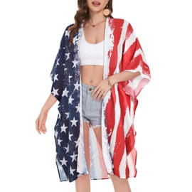 Women's American Flag Kimono Swimsuit Coverups Summer Beach Casual Loose US Independence Print Cardigans for Swimwear(Red Stripe Stars,M)