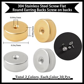 Beebeecraft 1 Box of 60 Ear Nuts in Gold and Silver 304 Flat Round Stainless Steel Earring Backs for Making Jewellery and Earrings