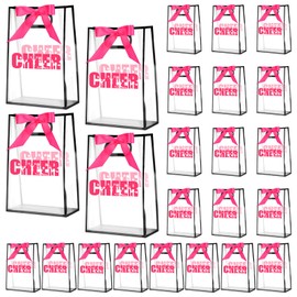 Sunnymove 24 Pcs Cheer Clear Plastic Gift Bags with Die Cut Handles Cheerleading Team Reusable Clear Makeup Bag with Ribbon Cheer Party Accessories Gift for Cheerleader Team Women