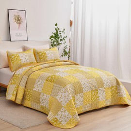 Mybedsoul Yellow Boho Quilt Set Queen Size,3 Pieces Plaid Floral Bedspread Coverlet Set Summer,Patchwork Reversible Bedding Set Queen 90"x96"