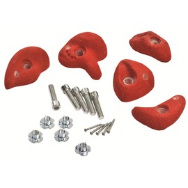 Red Climbing Stones Grips Set of 5 Pieces + Hardware for Kids Climbing Frames or Tree Houses.