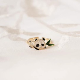 Tckyi Crystal Rhinestone Panda Ring with Bamboo Leaf, Gold Plated, Adjustable Size