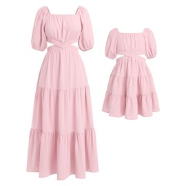 Mommy and Me Matching Dresses Solid Color Ruffled Short Puff Sleeve Midi Hawaiian Vacation Beach Dress with Pockets Summer Square Neck Cutout Waist Tiered Mom Daughter Outfits Pink 2Y
