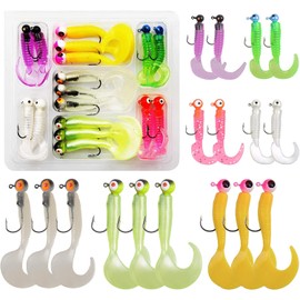 17pcs Soft Fishing Lures Jig Heads Hooks Kit Soft Plastic Grubs Worm Shad Swimbait Crappie Jig Head Hooks Lure Kit for Saltwater Freshwater Fishing