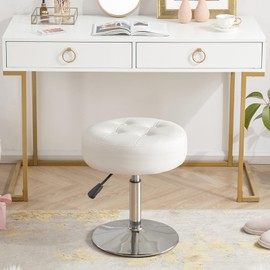 Gitrah White Vanity Chair for Makeup Room Round Ottoman Tufted PU Leather Makeup Chair Vanity Stools for Bathroom Height Adjustable 360 Swivel