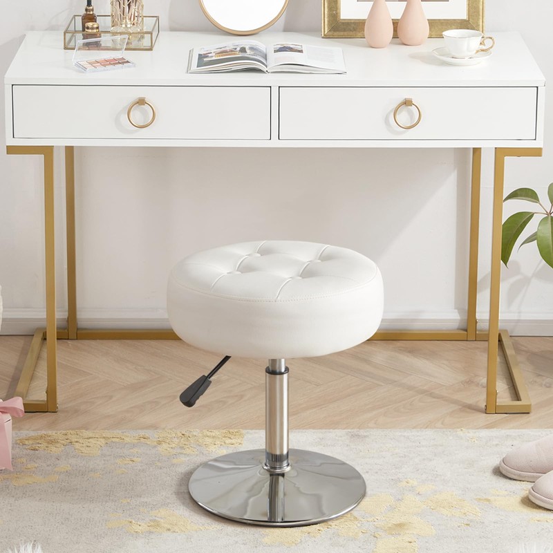 Gitrah White Vanity Chair for Makeup Room Round Ottoman Tufted