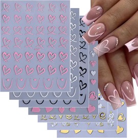 8 Sheets Valentine's Day Nail Art Stickers Decals 3D Self-Adhesive Gold White Black Pink Love Heart Nail Stickers Hollow Heart Nail Decals Valentines Day Stickers for Women DIY Nail Art Supplies