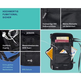 Strayn - Premium Neck Pouch with RFID Protection for Hanging, Men and Women, Travel Chest Bag, Purse, black
