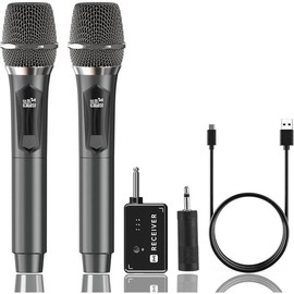 Microphone, Dual Handheld Cordless Microphone System with Rechargeable Receiver, 50H Duration, 200ft Range, Karaoke Microphones for Singing, Wedding, DJ, Party, Speech (Black)