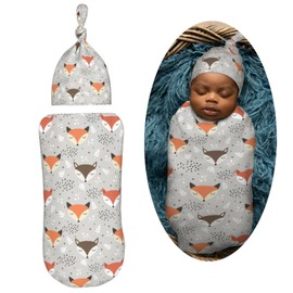 Muishi Cute Forest Fox Seamless Newborn Swaddle Blankets Hat Sets Soft Baby Receiving Blanket Swaddle Sack for Baby Shower Infant Boy Girl Gift