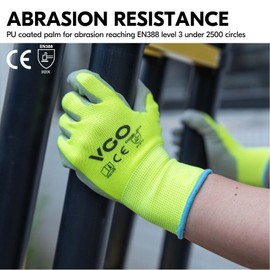Vgo 15 Pairs PU Coated Work Gloves Men,Gardening,Construction,Warehousing,Landscaping Use (M,Fluorescent Yellow,PU2103)