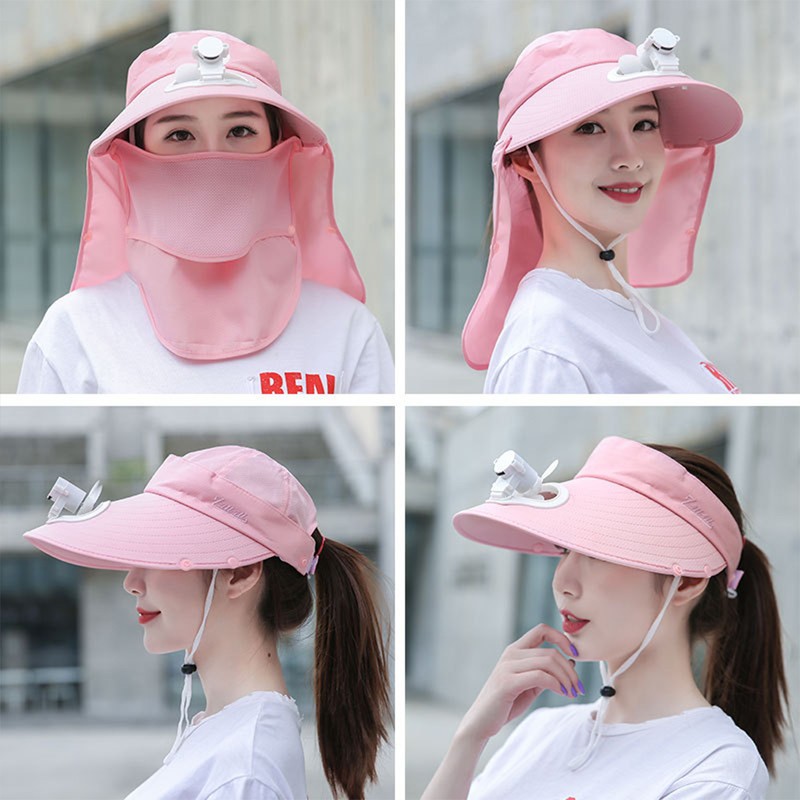 Summer Women USB Charging Fan Visor Hat with Face Neck