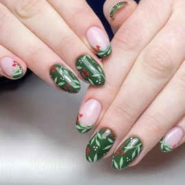 Christmas Press on Nails Short Almond OFDNE Green French Tip Fake Nails False Nails with Designs Leaves Full Cover Glossy Glue on Nails Acrylic Nails Stick on Nails for Women Girls 24 Pcs