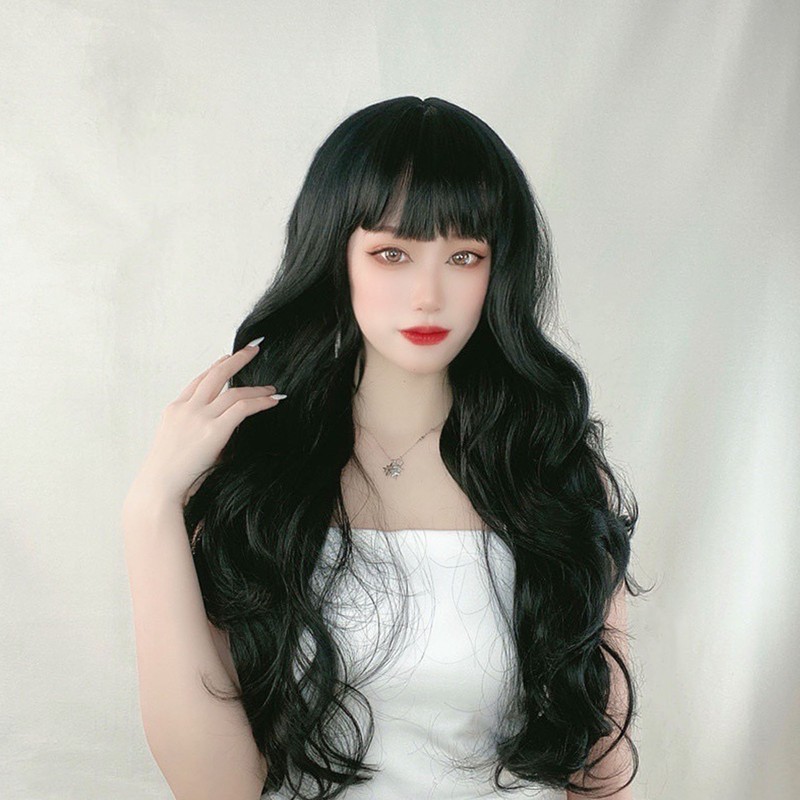 Long Curly Wavy Wig with Bangs Women Fashionable Synthetic Heat