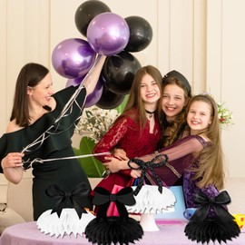 Black Bow Birthday Decorations Honeycomb Centerpieces, 9Pcs Black Coquette Birthday Decorations for Table 3D Bow Birthday Decorations Coquette Baby Shower Decorations for Bow Birthday Baby Shower