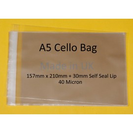 celloexpress A5 Cello - 157mm x 210mm + 30mm Flap - Cellophane Artist Size Cello Display Bags Self Seal - Medium Cello 40 Micron - Pack of 250