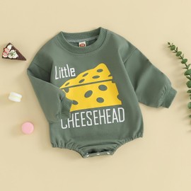 Karuedoo Baby Boy Girl Football Sweatshirt Bubble Romper Oversized Sweater Romper Long Sleeve Bodysuit Outfit Fall Clothes (Green-Little Cheesehead, 6-12 Months)
