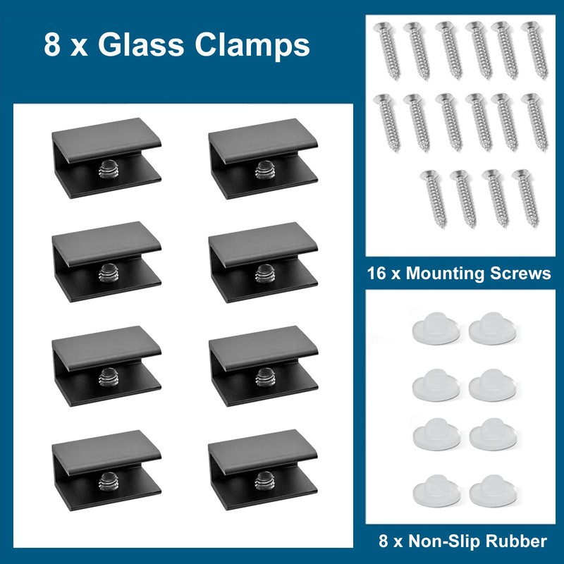 AWEN 8Pcs Square Adjustable Frameless Glass Shelf Bracket Holder, Black