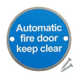 Fire Door Guru® Pack of 10 Automatic Fire Door Keep Clear Sign - 76mm Disc - Stainless Steel Safety Sign - Fixings Included