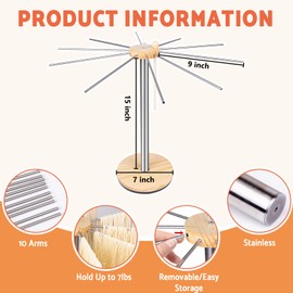 Stainless Collapsible Pasta Drying Rack,Essential for Homemade Pasta,Dryer Hanger Stand to Dry the Pasta Noodle Spaghetti,10 Arms(Hold up to 7 lbs),Transfer Wand for Pasta Maker,Rustic