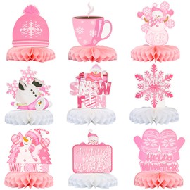 Gyufise 9Pcs Winter Table Honeycomb Centerpieces Snowflake Honeycomb Party Decorations Winter Party Centerpieces for Winter Theme Christmas Birthday Baby Shower Party Supplies Pink