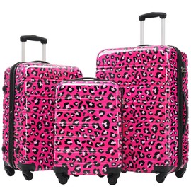Campfun Luggage Set 3 Piece, Carry On Luggage Set 20/24/28 Inch, Expandable PC Hardshell Suitcase with Spinner Wheels, Lightweight Suitcase with TSA Lock, Hot Pink Leopard