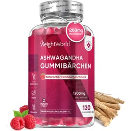 Ashwagandha 1200 mg - 120 Gummy Bears - 2 Months Supply - No Gelatin, Vegan & Gluten Free - Raspberry Flavour - Ashwagandha Root Extract (Withania Somnifera) - Natural Ingredients - WeightWorld