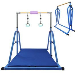 kechery Foldable & Moveable Gymnastics Bar with MAT and Rings,3’to 5’Adjustable Height Expandable Junior Kip Bar for Home,Indoor Gym Equipment for Kids