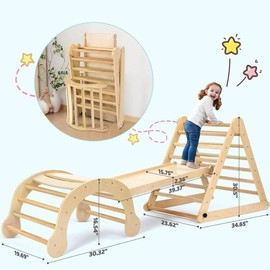 YOLEO Pikler Triangle Set, FSC-Comply 7 in 1 Large Pikler Triangle Climbing Set with Various Combinations, Wooden Montessori Climbing Toys for Toddlers 1-3 Inside, Toddler Playground Indoor Jungle Gym - Color: Natural Advanced 3 Pieces Climber Slide Arch