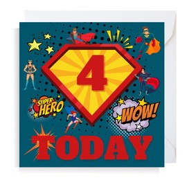 Second Ave Superhero 4th Birthday Age 4 Square Children's Kids Birthday Greeting Card for Boy or Girl