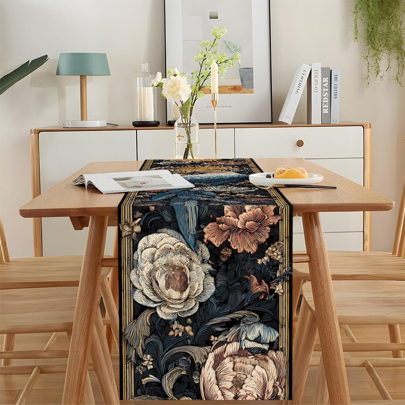 Bird and Floral Table Runner 13x72 Inch, Elegant Nature Design