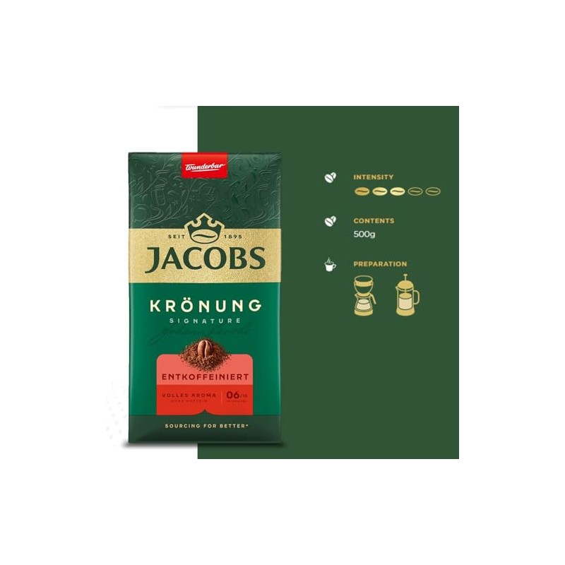 Jacobs Kronung Entkoffeiniert Decaf Ground Coffee 500 Gram / 17.6
