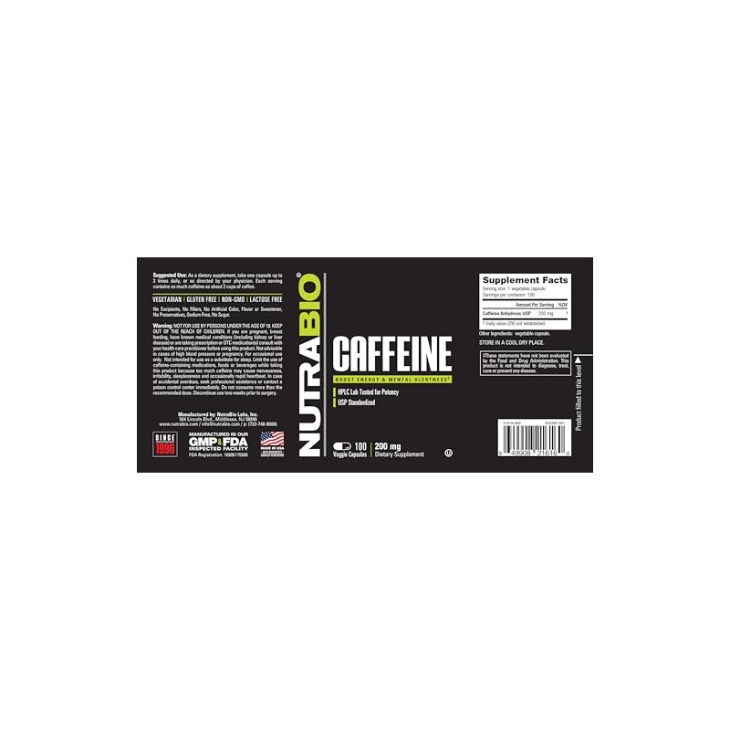 NutraBio Cápsulas de cafeína 100 pura (100 cápsulas) (100 count)