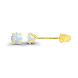 Solid 14K Yellow Gold 3mm Round Created Opal October Birthstone Solitaire Ball Screw Back Stud Earring