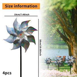4Pack Reflective Bird Deterrent Windmill - Effective Pigeon Deterrent for Gardens, 50cm Sparkly pigeon scarer windmillPinwheels to Keep Birds Away from House, and Farm(Silver)