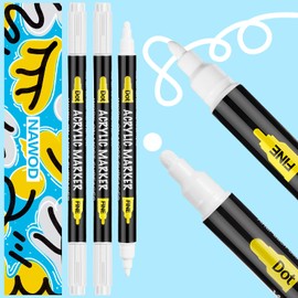 NAWOD 3 White Acrylic Paint Pens, Acrylic Paint Markers Dual Tip (Fine 1mm + Dot 5mm), Acrylic Permanent Markers for Rock, Fabric, Canvas, Ceramic, Glass, Wood, Paper, Labeling, Drawing, DIY Crafts