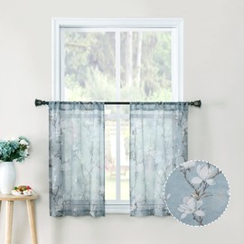 Tollpiz Floral Short Blue Sheer Tier Curtains Flower Print Vine Embroidery Kitchen Half Curtain Rod Pocket Café Voile Window Curtains for Bathroom, 30 x 24 inches Long, Set of 2 Panels