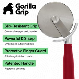 GORILLA GRIP Patented BPA-Free Large Pizza Cutter Wheel, 9 Inch, Extra Sharp Stainless Steel Blade, Slip Resistant Handle with Thumb Guard Protection, Slice Thick or Thin Pizzas, Pie, Pastries, Red