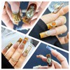 Long Square Coffin Acrylic Fake Nails with Gold Flower，3D Handmade