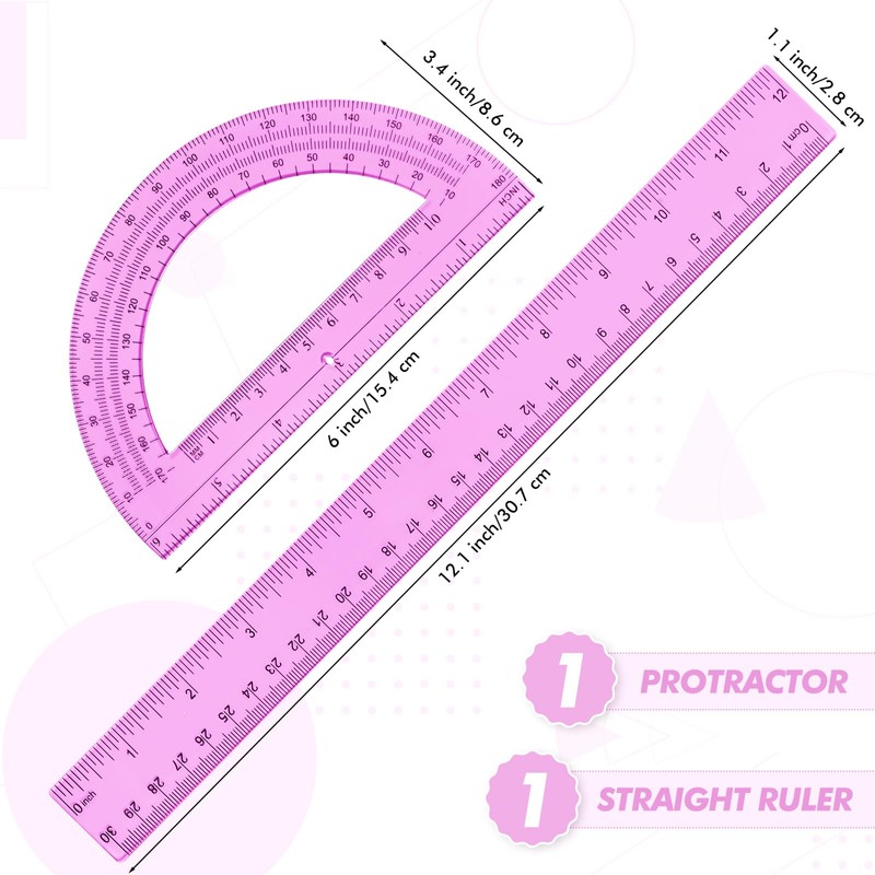 Zonon 2 Pack 12'' Plastic Ruler and 6'' Plastic Protractor