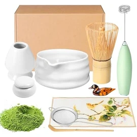 Juego de batidor de matcha y tazón, kit de fabricación de matcha batidora, tazón con boquilla, tamiz de iniciación en polvo, soporte de batidor de
