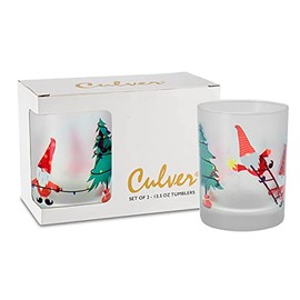 Culver Holiday Decorated Frosted Double Old Fashioned Tumbler Glasses, 13.5-Ounce, Gift Boxed Set of 2 (Gnomes Decorating Christmas Tree)